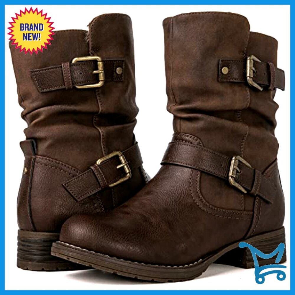Women's Combat Ankle Boots with Buckles, Zipper Closure, 1-Inch Heel - Picture 2 of 7